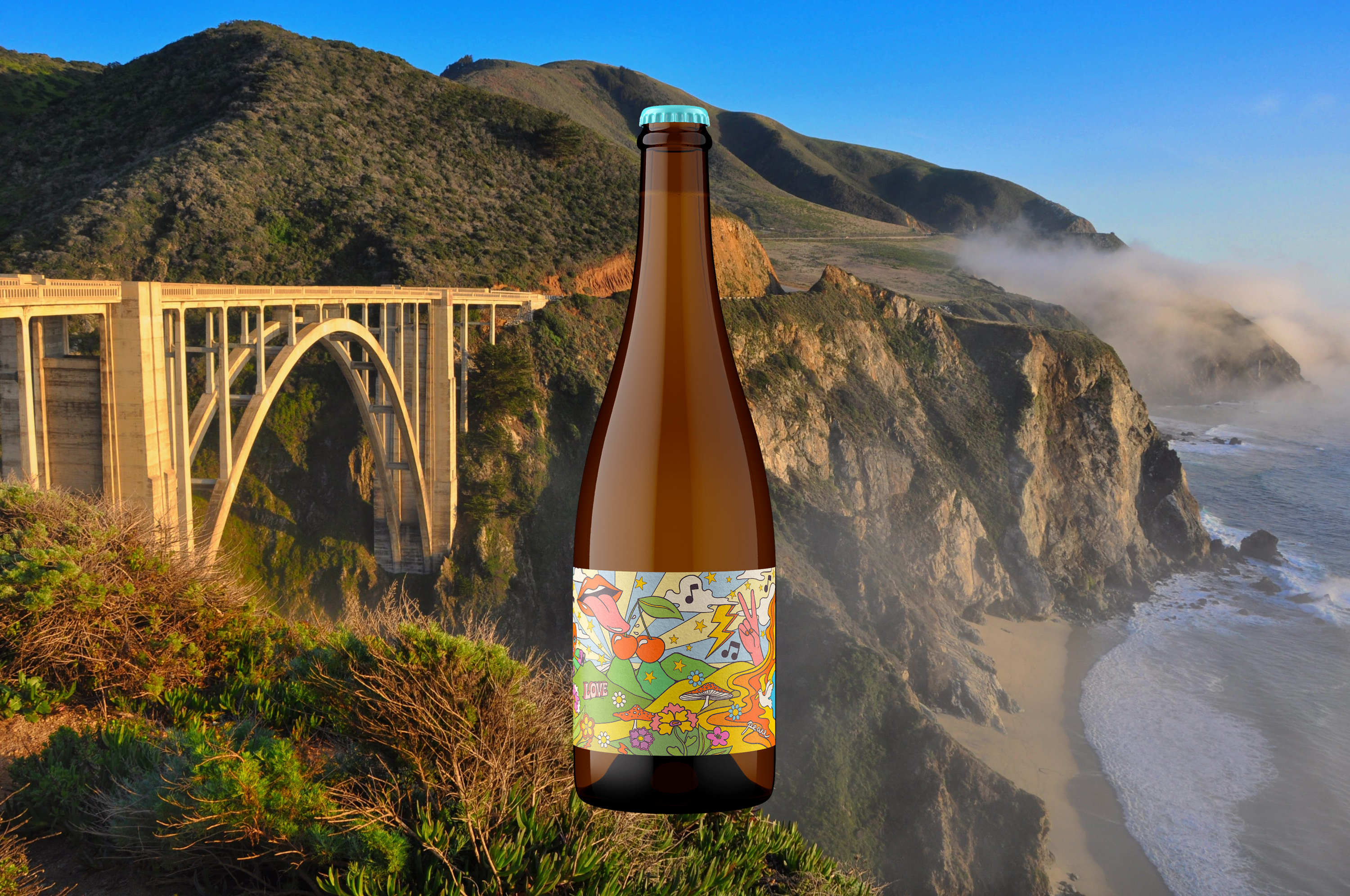 Bottle of Hippy Sippy in front of Big Sur Bridge