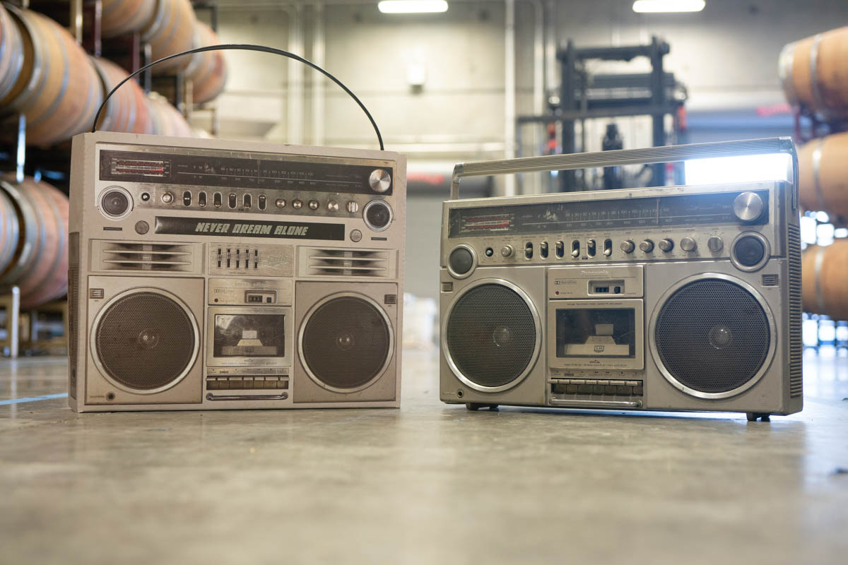 Side by side boombox and gift box