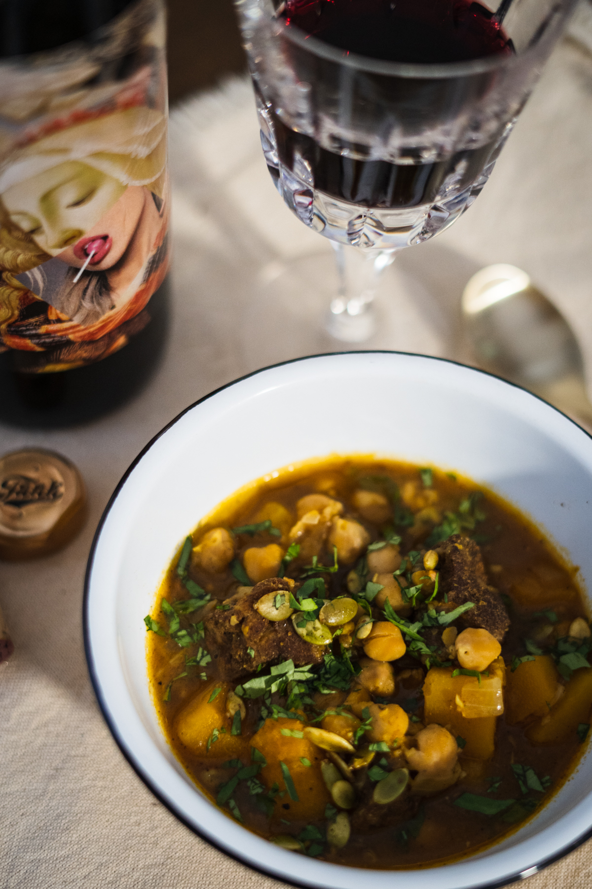 Curried Butternut Squash and Lamb Stew with MDNA Mixed Blacks Red Wine