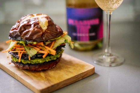 Miso Mushroom Burger with Pleasure Trip Pét-Nat Sparkling Wine