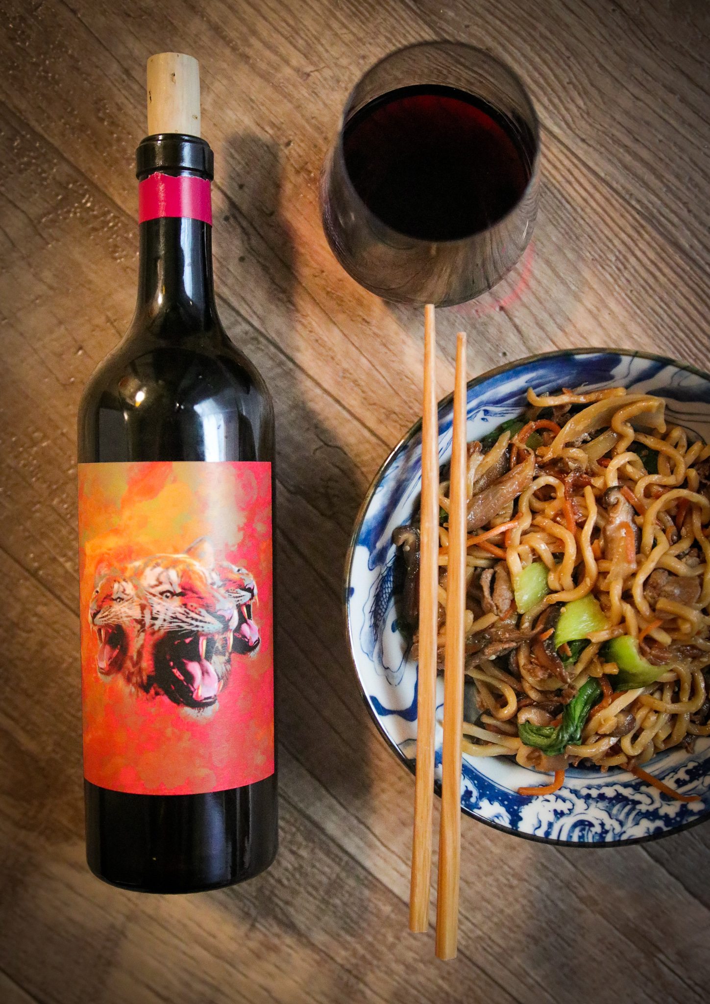 stir fry and wine bottle