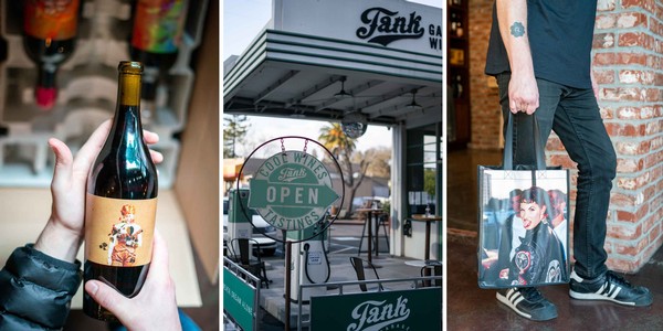 A collage of photos depicting Tank Garage. An unboxing, a shot of the outdoor tasting space, and a person holding a wine bag full of wine bottles.