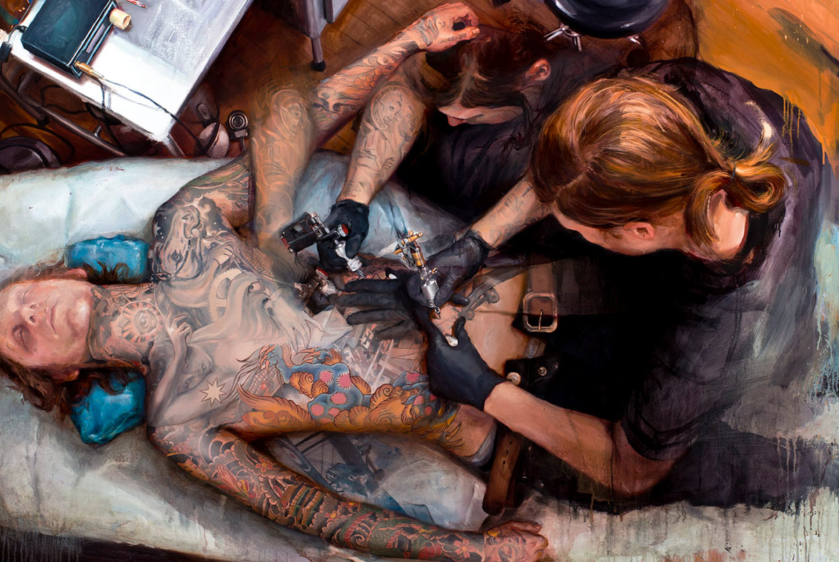 Painting of man getting tatted