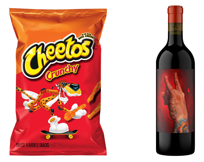 Bag of Cheetos and Heavy Metal Life red wine