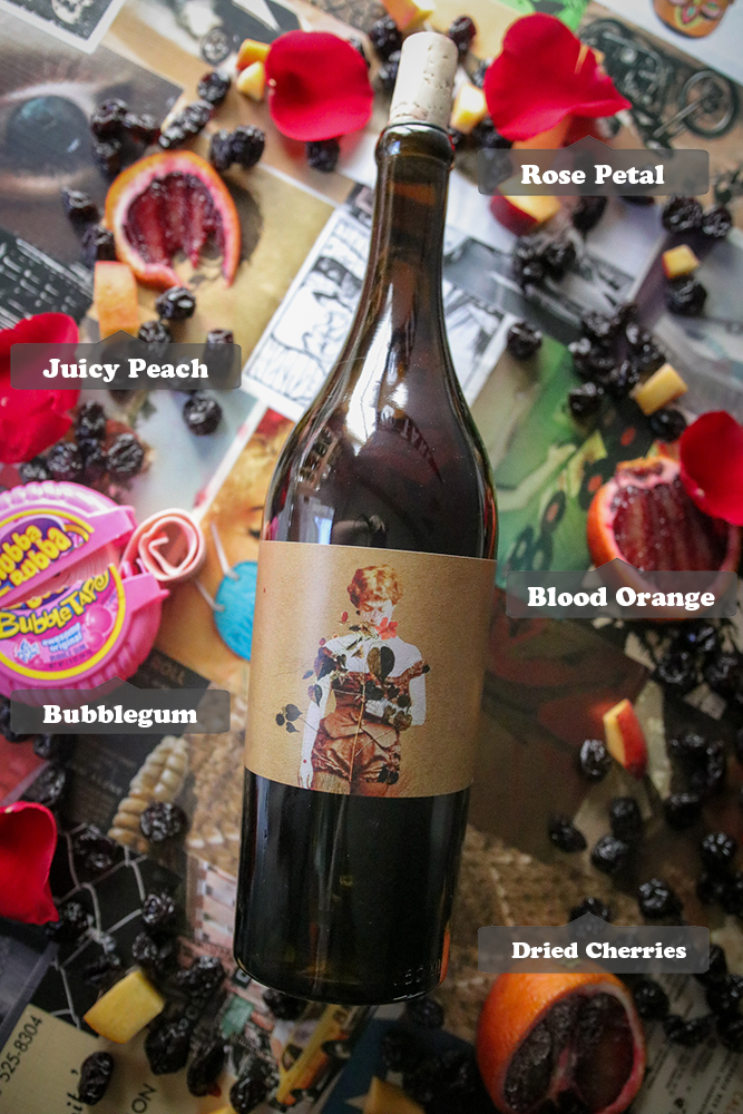 pop tags around wine bottle and flavors