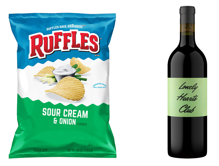 Bag of Sour cream an onion and Lonely Hearts Club red wine
